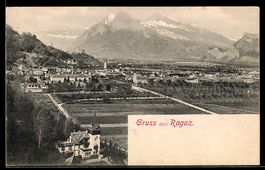 AK Ragaz, Ortsansicht mit Bergen