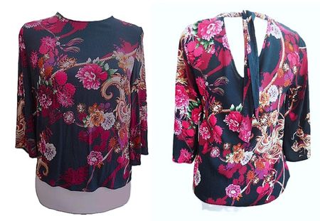 Gr. 36 Bluse kürzer schwarz Blumen Visko. Marke OUI NP+125.-
