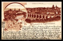 Lithographie Lausanne, Le Grand Pont, Le Château et la Cathé