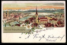 Litho Zürich, Panoramablick mit Kirche,