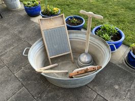 Antike Zinkwanne mit Waschbrett uvm. Garten Deko Shabby