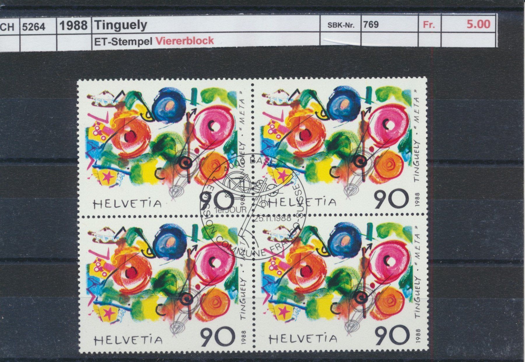 Alle Briefmarken: 1988 "Tinguely", Viererblock, ET - Stempel – Gebraucht aus Winterthur von Zupogeru