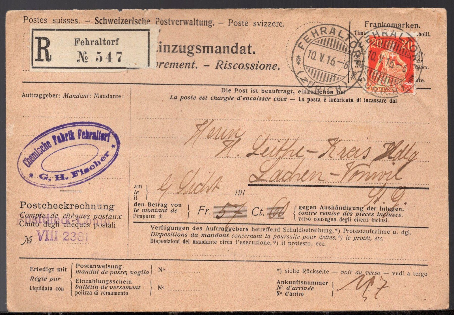 Tutti i francobolli: FEHRALTORF, 10.V.16  Einzugsmandat – Usato da Aarau venduto da kufi44