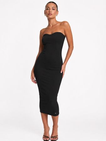 Calvin Klein Kleid S schwarz gerippt trägerlos Midikleid eng