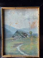 Altes kleines Ölgemälde Alpenlandschaft im Originalrahmen