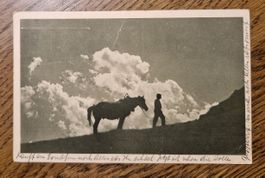 Pferd mit Landwirt im Kriegsjahr 1940, Stempel Winterhilfe