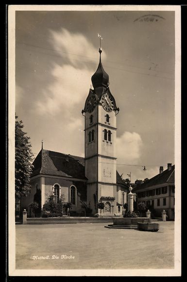 Cartoline postali: AK Huttwil, Kirche mit Brunnen – Usato da Berlin venduto da bartko-reher