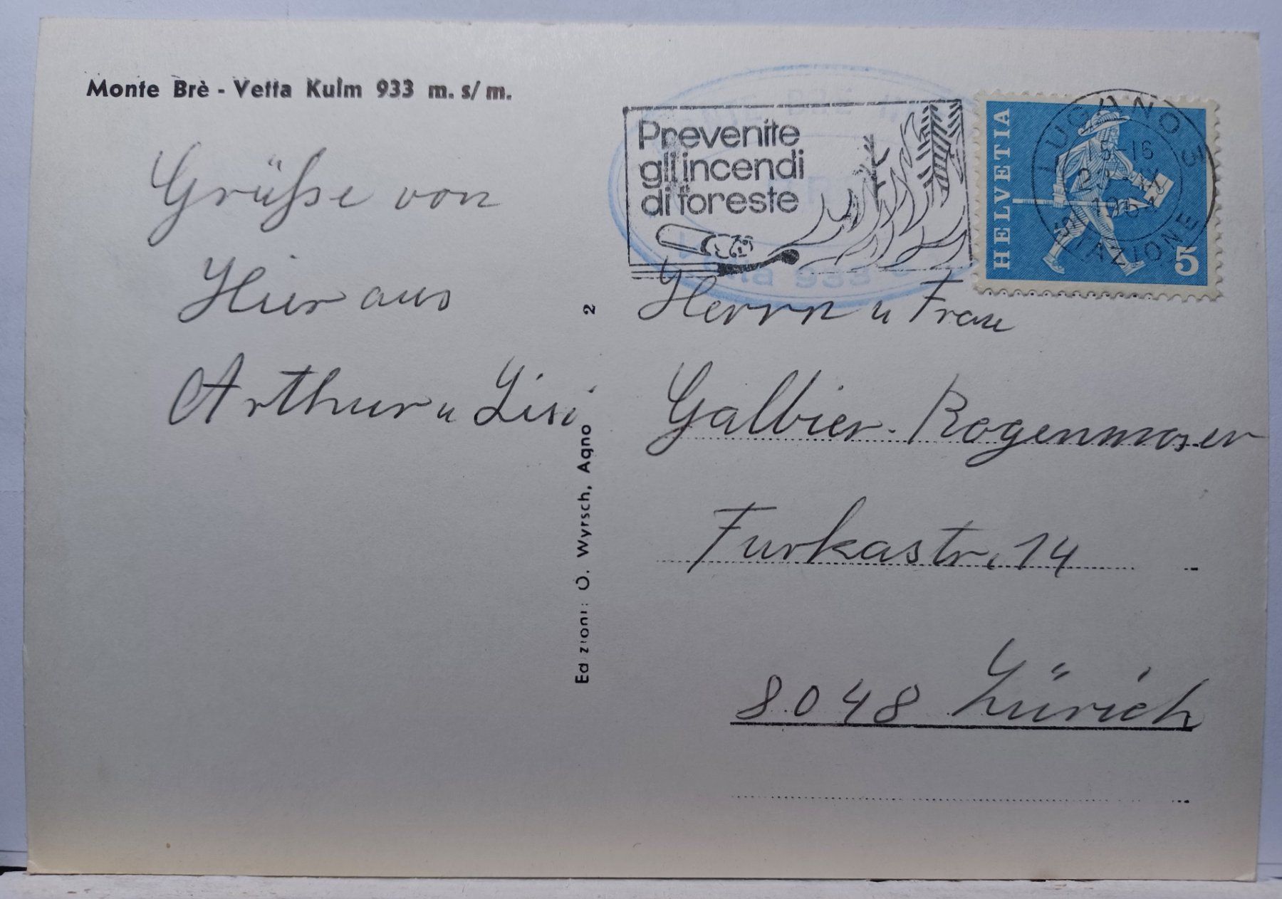 Ansichtskarten: TI, Monte Brè, Vetta Kulm, 1964 – Gebraucht aus Aarau Rohr von mgvw 1
