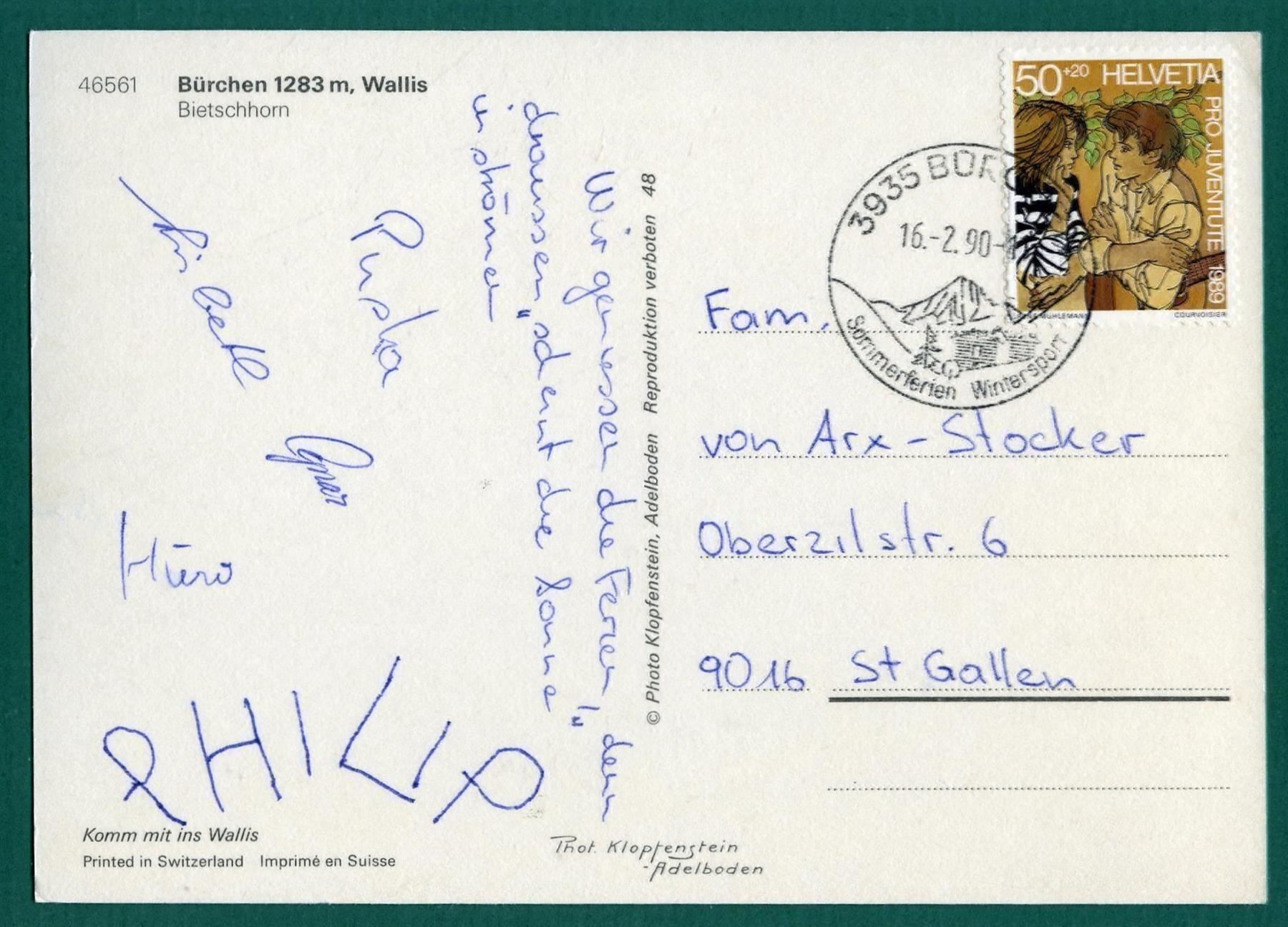 Cartoline postali: Bürchen mit Bietschhorn, 1990, gelaufen, Grossformat – Usato da Sargans venduto da Hausi1951 1