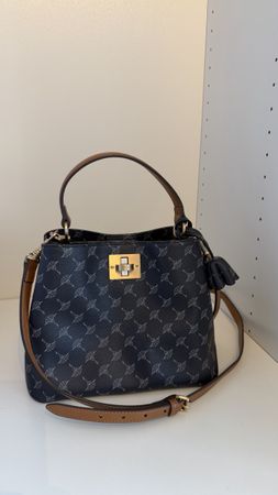 Handtasche Joop Canvas Monogram dunkelblau mit Leder cognac 