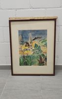 Aquarell Dorfkirche Landschaft Vintage Bild Gemälde gerahmt