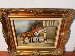 Tableau peinture chasseur avec chevaux cadre doré