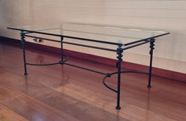 Table basse en fer forgé avec plateau en verre, 125 x 65 cm