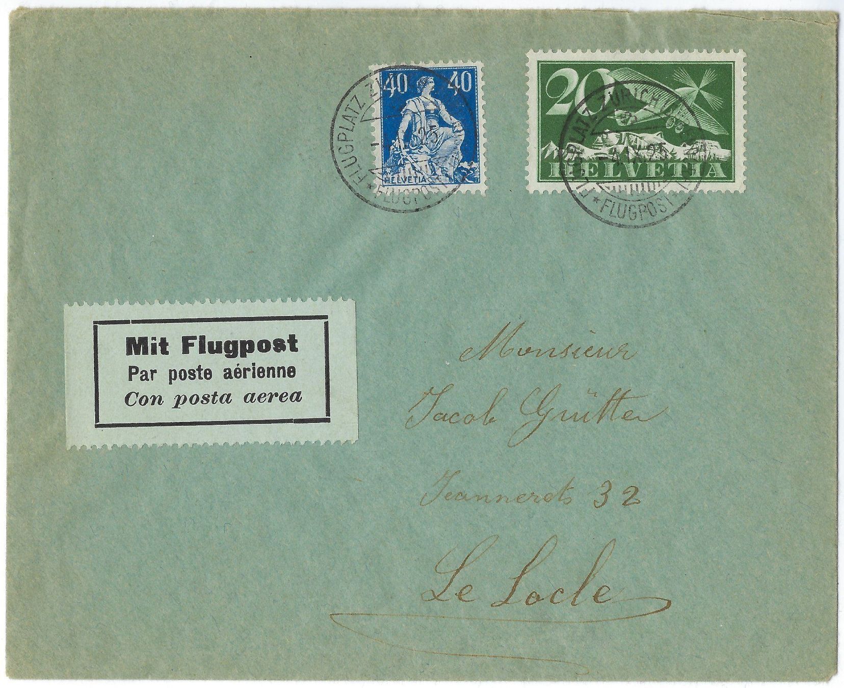 Tutti i francobolli: Flugpost Zürich-Lausanne RF 25.2g SpF – Usato da Morgarten venduto da mech58