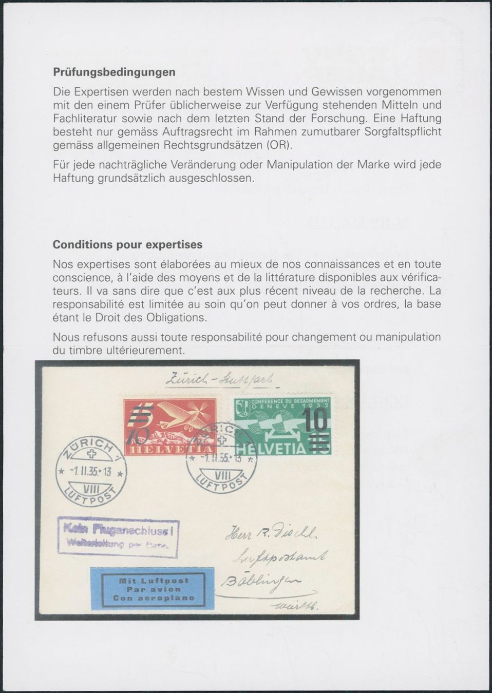 Tutti i francobolli: 1935 - Flugpost - Ersttagsbrief FDC ET – Usato da Schindellegi venduto da leecollect 3