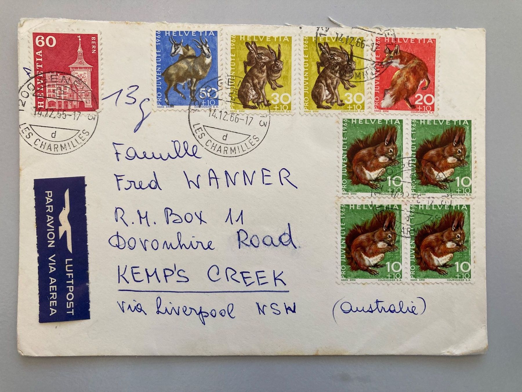 Tutti i francobolli: Luftpostbrief mit Pro Juventute Marken 1966 – Usato da Solothurn venduto da ehe_8spw