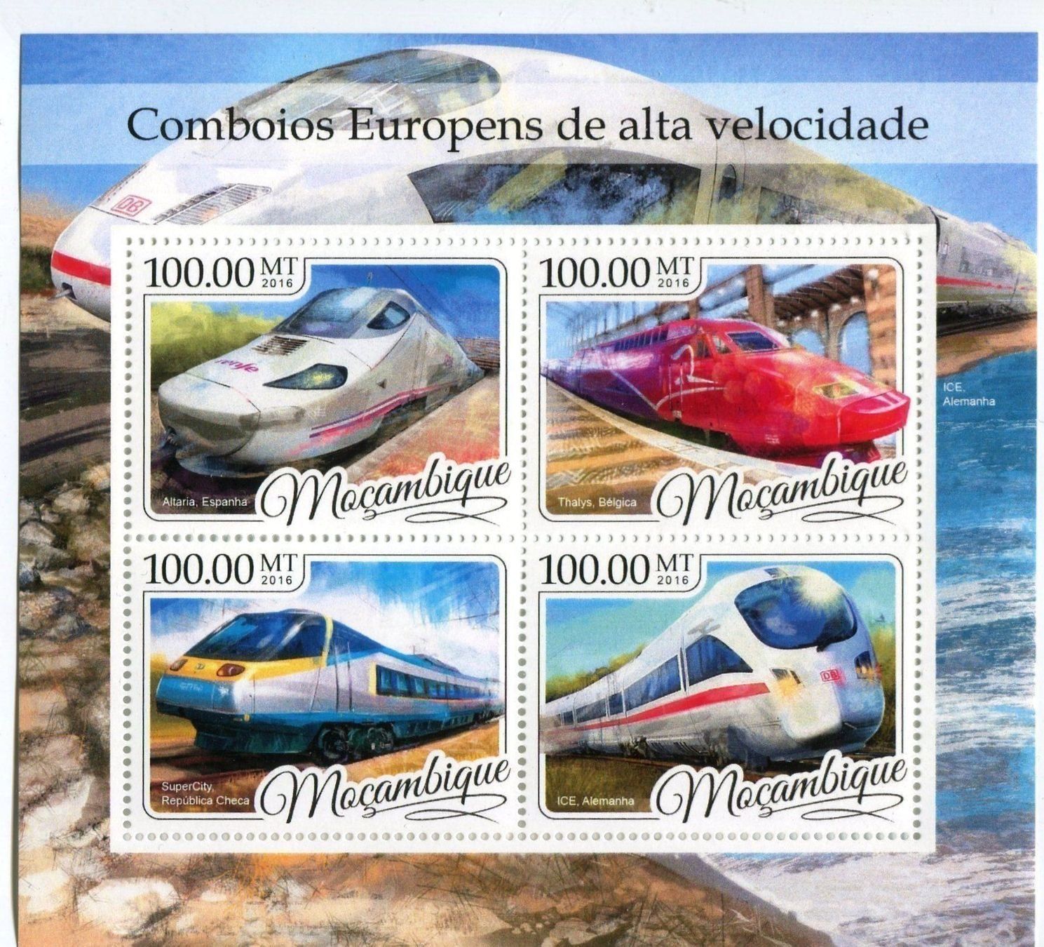 Alle Briefmarken: Block "Lokomotiven". Mosambik. – Neu und originalverpackt aus Basel von Butsch5