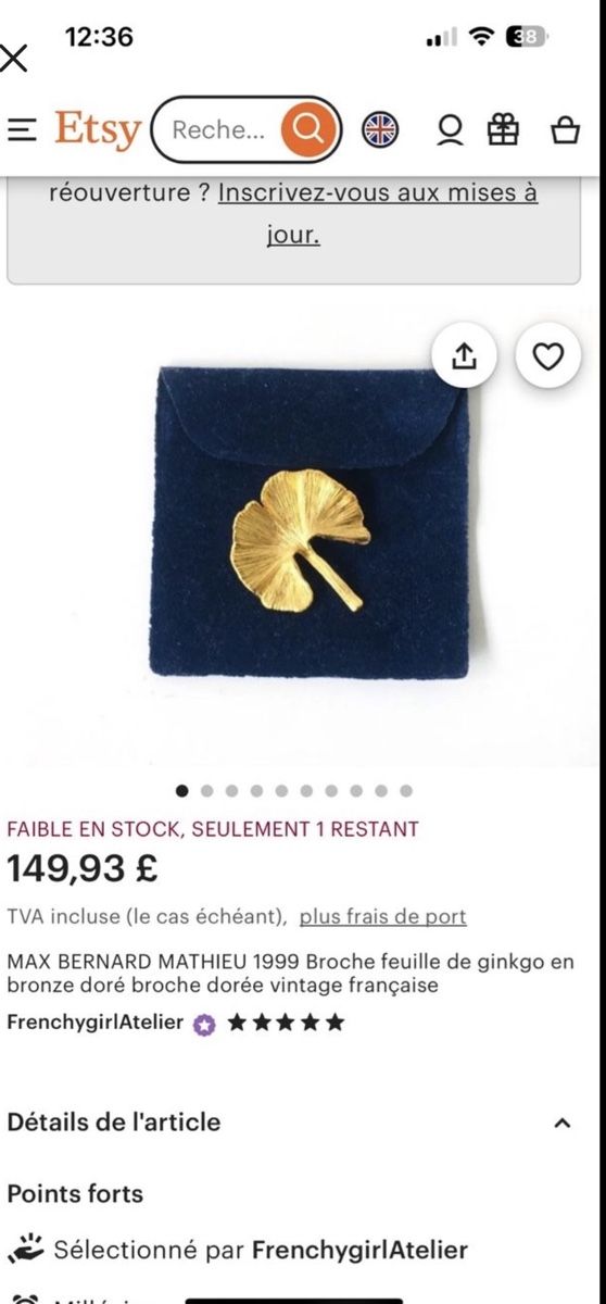 Spille & Fermagli: Broche feuille de ginkgo en plaqué or Mathieu Nancy – Nuovo (secondo la descrizione) da Genève venduto da ati_tj8f 5