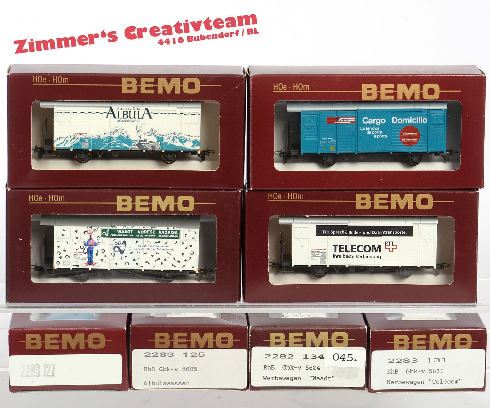 Bemo Modellini di ferrovie: 4 x BEMO RhB Werbe-Güterwagen, 045 – Usato da Bubendorf venduto da zimmers_creativteam