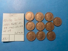 SUISSE : 10 X 20 CENTIMES 1883 à 1909 - voir détail -