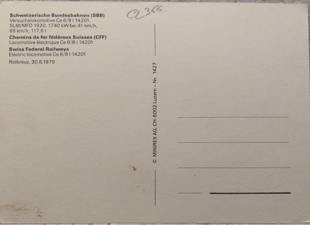Cartoline postali: SBB/CFF/FFS - Ce 6/8 I 14201 - SLM/MFO 1920 – Usato da Delémont venduto da Domdom1 1