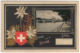 Gruss aus der Schweiz BASEL - AK mit 3 echten Edelweiss
