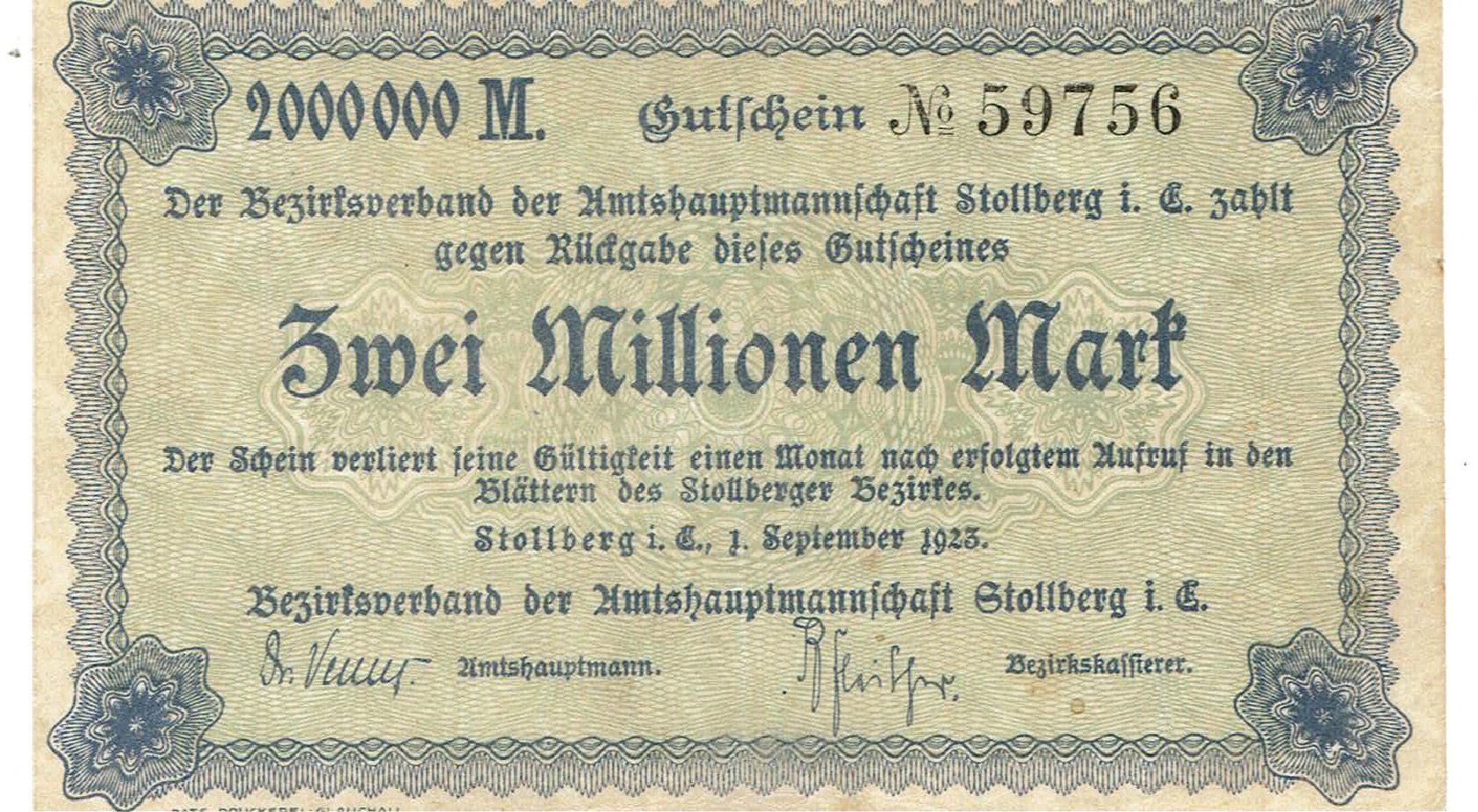 Banconote: Stollberg 2 Mil.Mark 01.09.1923 VZ+-VZ++ – Usato da Steffisburg venduto da ber_8htf