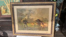Lithographie chasse Lithografie Jagdszene antik tableau Hund
