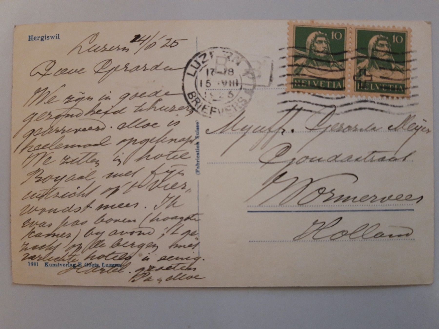 Cartoline postali: Hergiswil 1925 – Usato da Sargans venduto da nicsam1815 1
