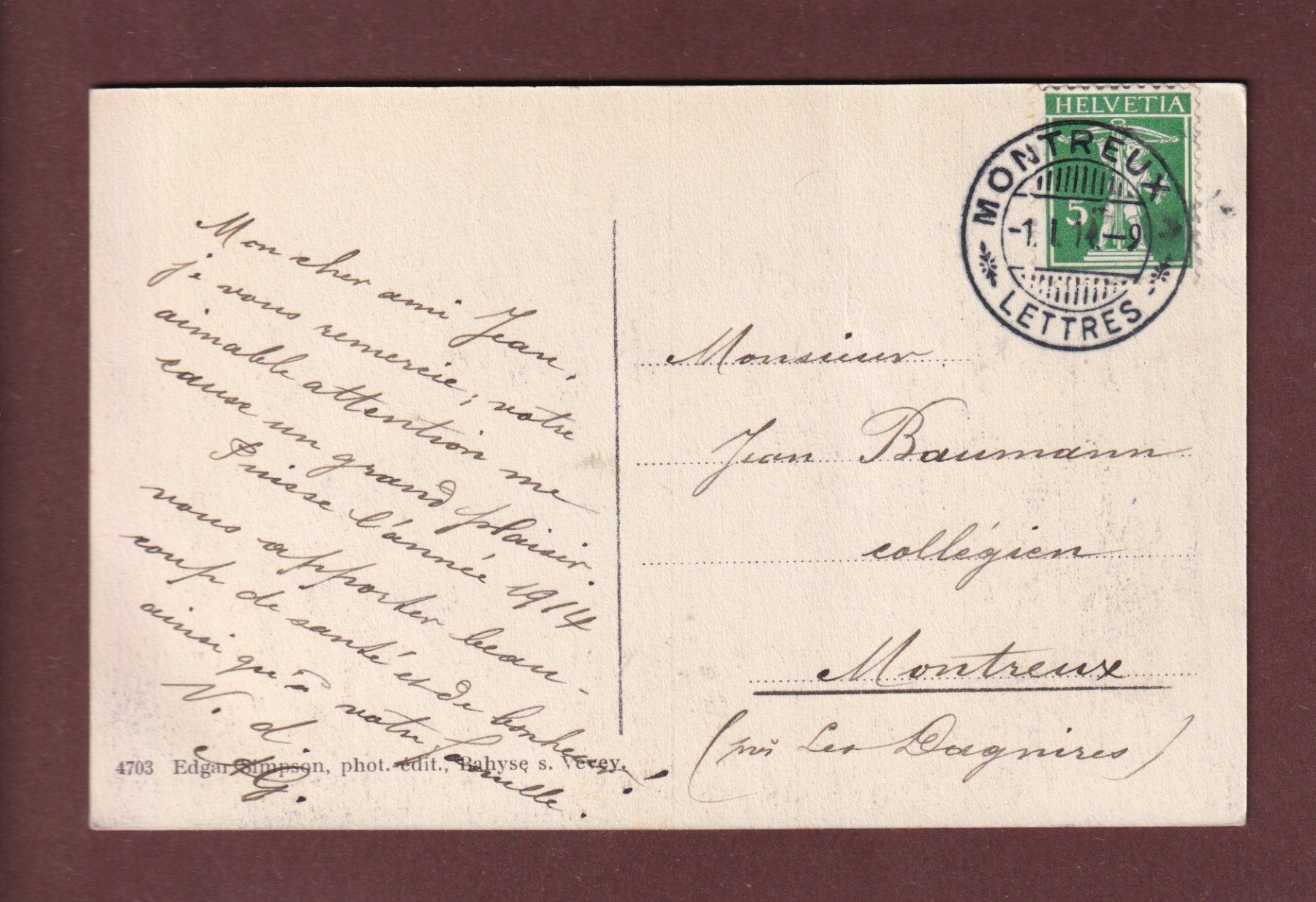 Ansichtskarten: GLACIER D'ALETSCH - 1914 – Gebraucht aus Pully von nicecards-shop 1