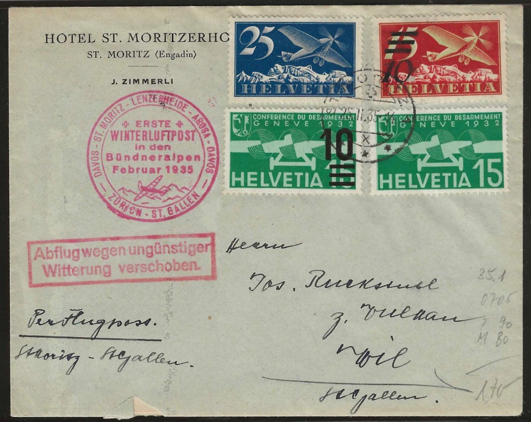 Tutti i francobolli: 1935 : Flugbrief von St. Moritz, KP 170.-- – Usato da Gümligen venduto da Geniusbuy