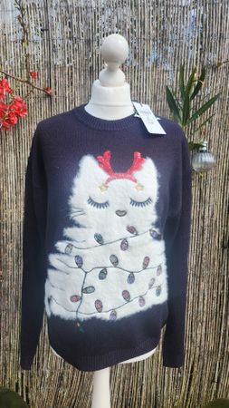 Pullover noir motif CHAT Chicorée, taille M, NEUF 