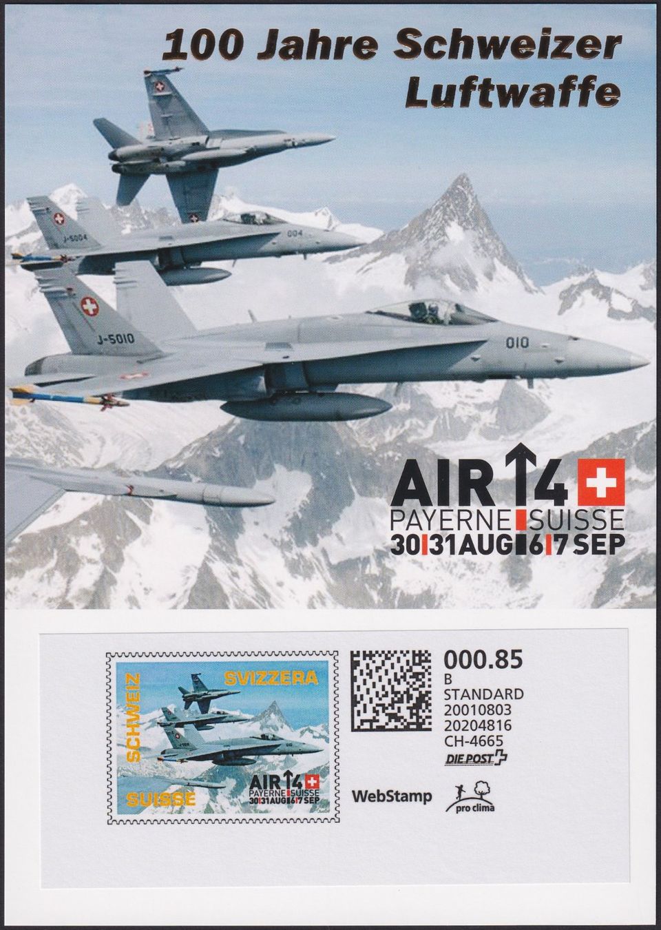 Tutti i francobolli: 2014, 100 Jah. Schweizer Luftwaffe +WebStamp, limit. Auflage – Usato da Sursee venduto da Luzernerraute 1