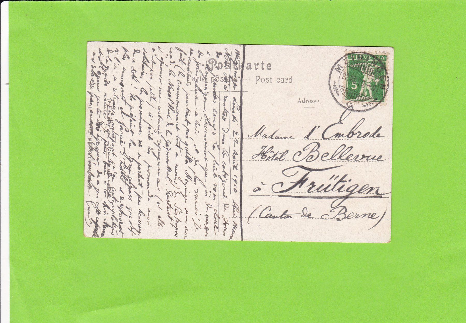 Cartoline postali: Meiringen-Generalansicht--1910 – Usato da St. Peterzell venduto da neckertal 1