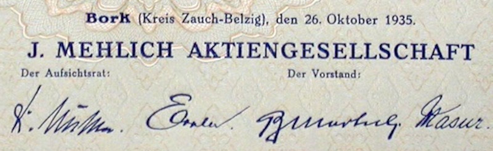 Dokumente: J. Mehlich AG, Bork - 1935 – Gebraucht aus Solothurn von Sgasche 1
