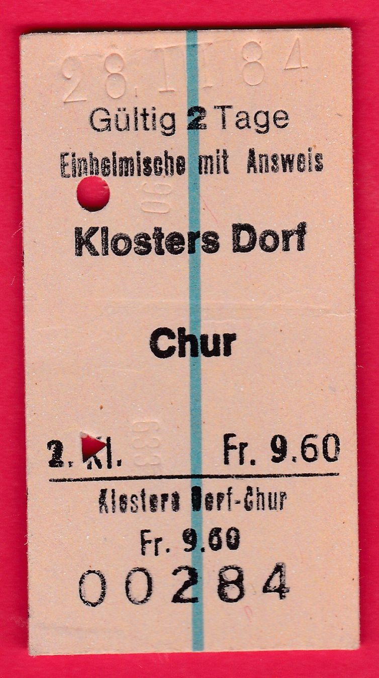 Tickets: KARTON BILLETT,KLOSTERS DORF - CHUR,2.KLASSE,EINFACH,EINHEIM – Gebraucht aus Oberrieden von Gebirgsstelze
