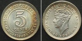 MALAYA 5 Cents 1945 GEORGE VI. Silber PRACHTSTÜCK!!! stgl