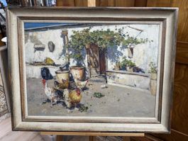 Tolles älteres Ölgemälde „Hühnergruppe“ Enzo Esposito