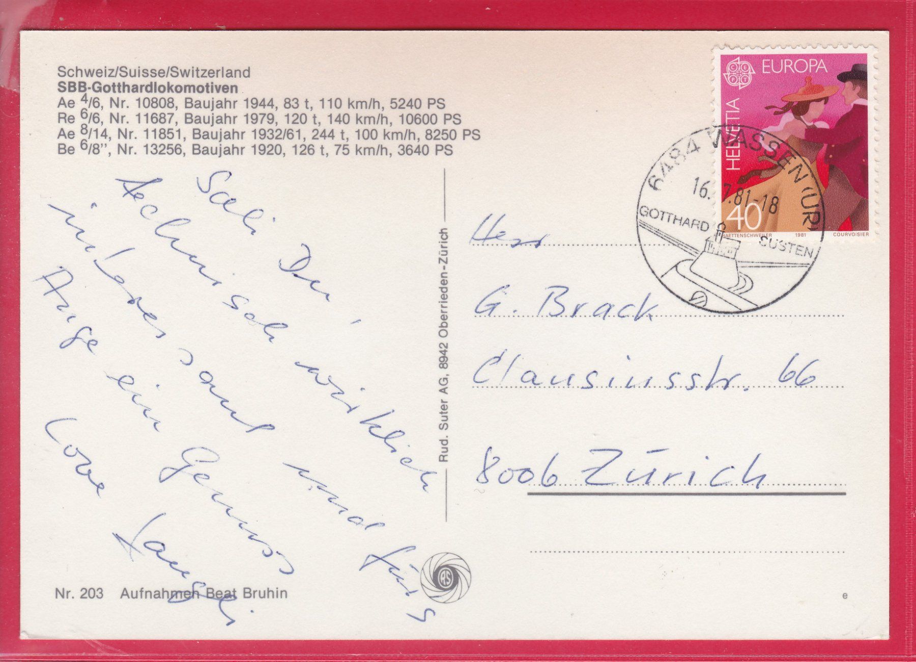 Ansichtskarten: SBB . GOTTHARDLOKOMOTIVEN, 16.7.1981 – Gebraucht aus Oberrieden von Gebirgsstelze 1