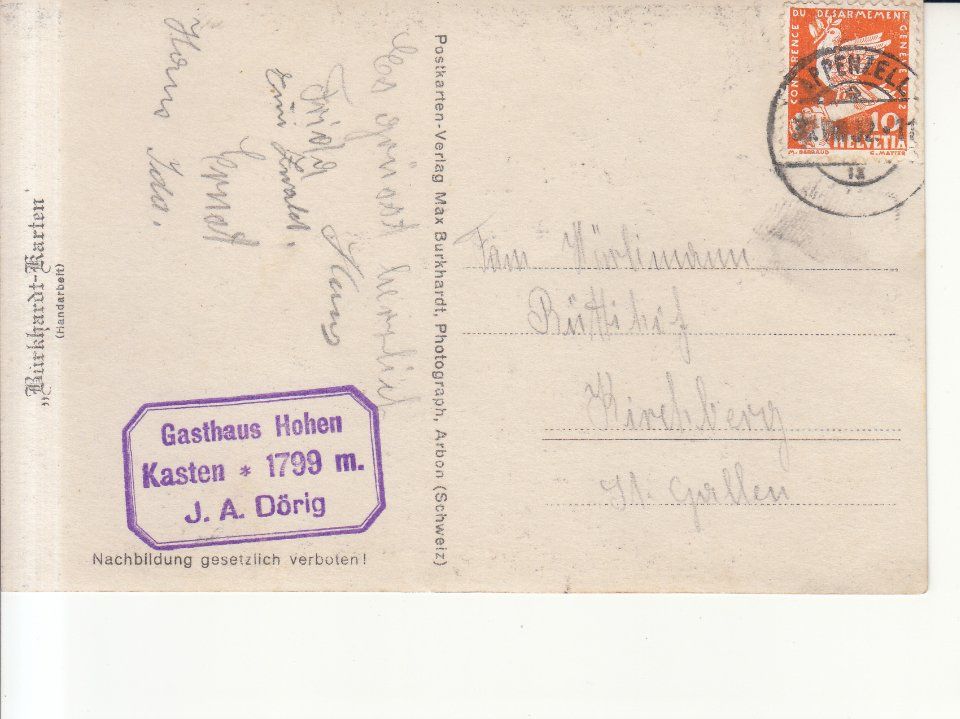 Cartoline postali: Hoher Kasten 1932, mit ST J.A. Dörig – Usato da Bürglen TG venduto da StampGraf 1