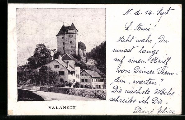 Cartes postales: Valangin, Strassenpartie mit E. Touchon, – D'occasion à Berlin par bartko-reher