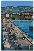 Genève, Pont du Mont-Blanc avec voitures d'époque, tramway