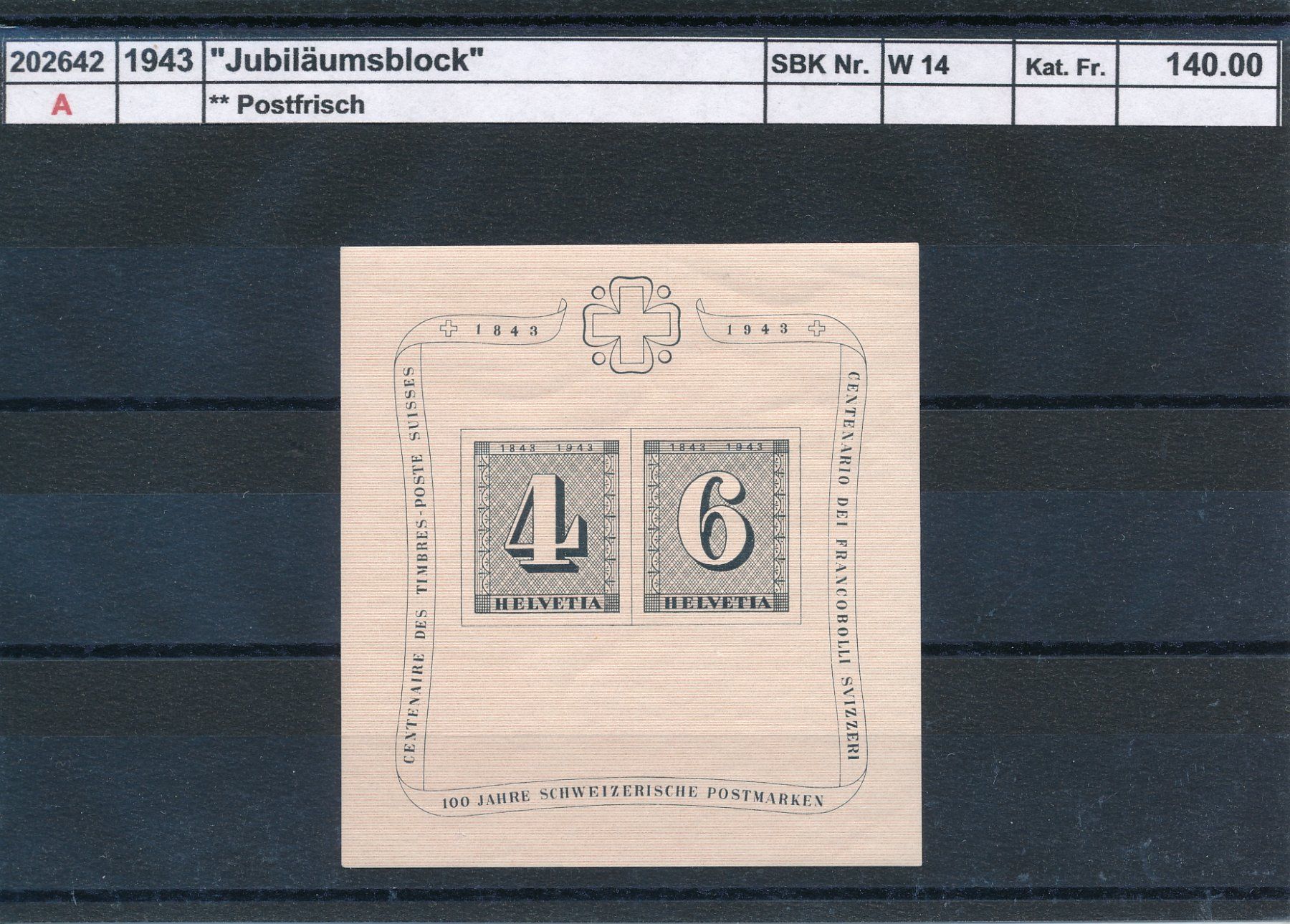 Tutti i francobolli: 1943 "Jubiläumsblock", ** postfrisch – Nuovo (secondo la descrizione) da Winterthur venduto da Zupogeru