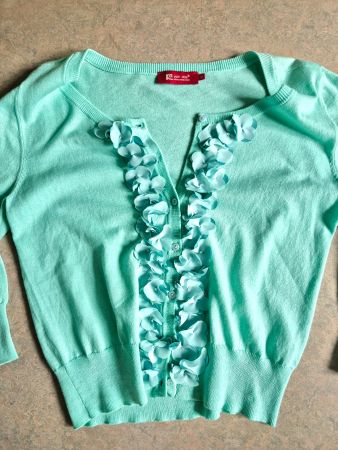 JACKE STRICKJACKE M 38 BLÜTEN WH-RX TÜRKIS GLITZER TOP