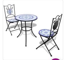 Mosaik Tischset 3-teilig Metall blau weiss rund klappbar neu