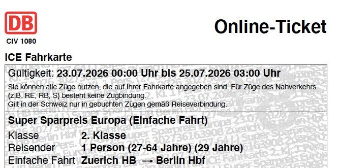 Tickets: ICE Ticket Zürich - Berlin – Neu (gemäss Beschreibung) aus Zürich von ele_n2mn