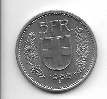 5 franc suisse 1968  cuivre -nickel