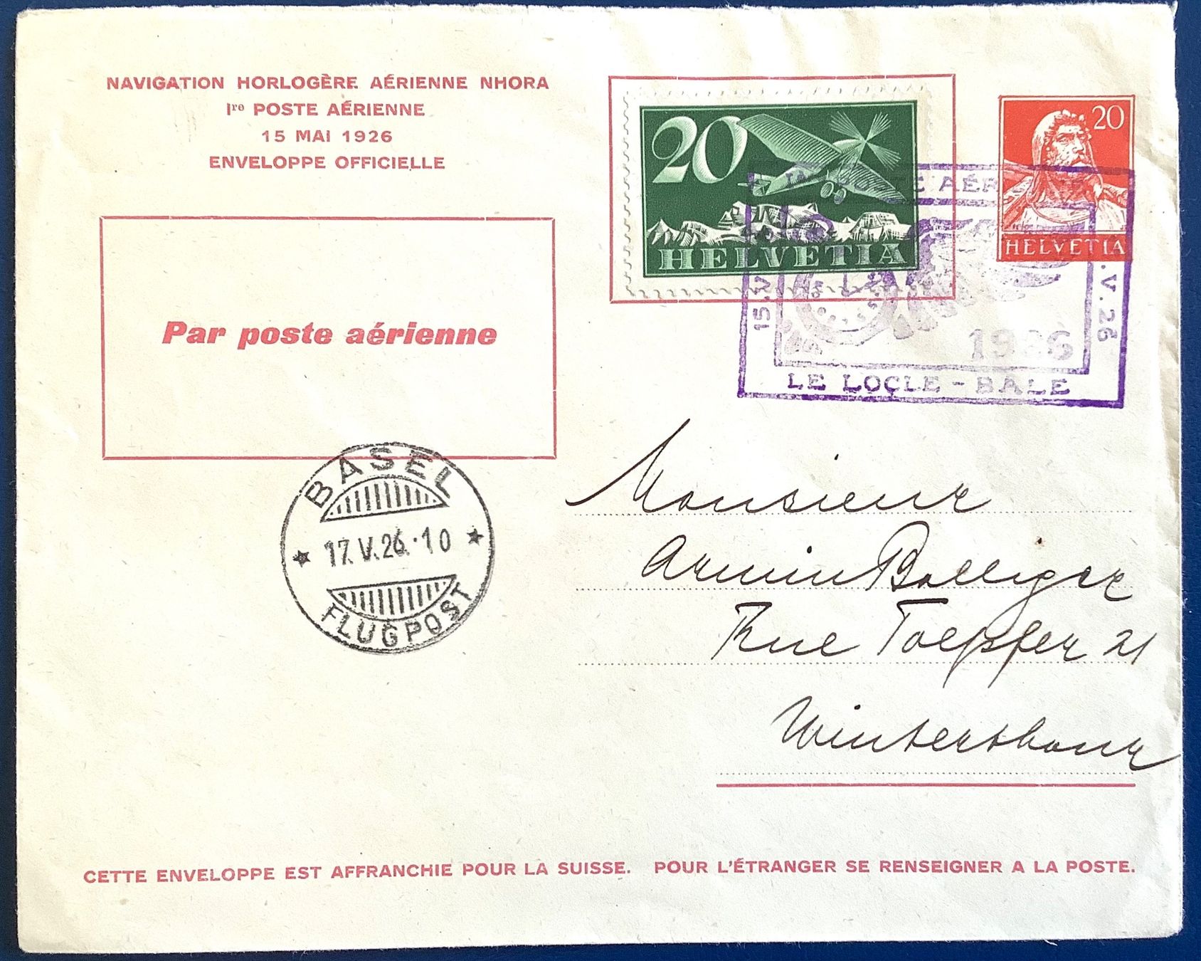 Tutti i francobolli: 1926 Flugpost NHORA / Le Locle - Basel – Usato da Liestal venduto da Skunk02