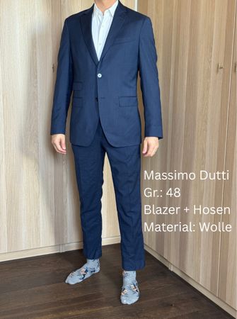 Massimo Dutti Anzug Gr. 48 Blazer Hose Wolle dunkelblau