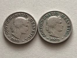 Lot mit Abarten 2 Stk. 5 Rp. 1908 u. 1909 H ohne Querstriche